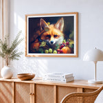Cosy autumn fox with fruits cross stitch artwork displayed on wall as home decor