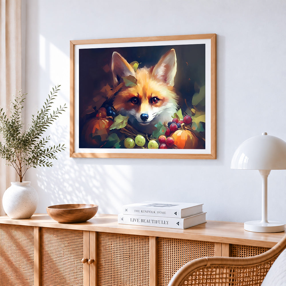 Cosy autumn fox with fruits cross stitch artwork displayed on wall as home decor