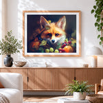 Finished cosy autumn fox with fruits paint by numbers artwork displayed as home decor