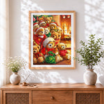 Finished cosy bears in santa hats by the fireplace cross stitch artwork displayed
