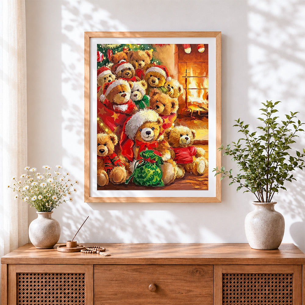Finished cosy bears in santa hats by the fireplace cross stitch artwork displayed