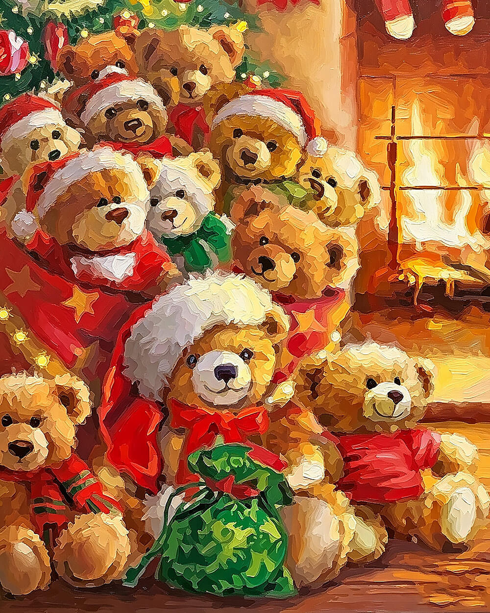 Cosy bears in santa hats by the fireplace cross stitch kit for beginners