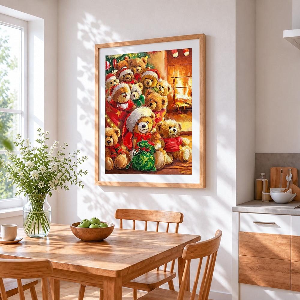 Cosy bears in santa hats by the fireplace cross stitch artwork displayed on wall as home decor
