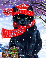 Cosy black cat in red scarf cross stitch kit for beginners