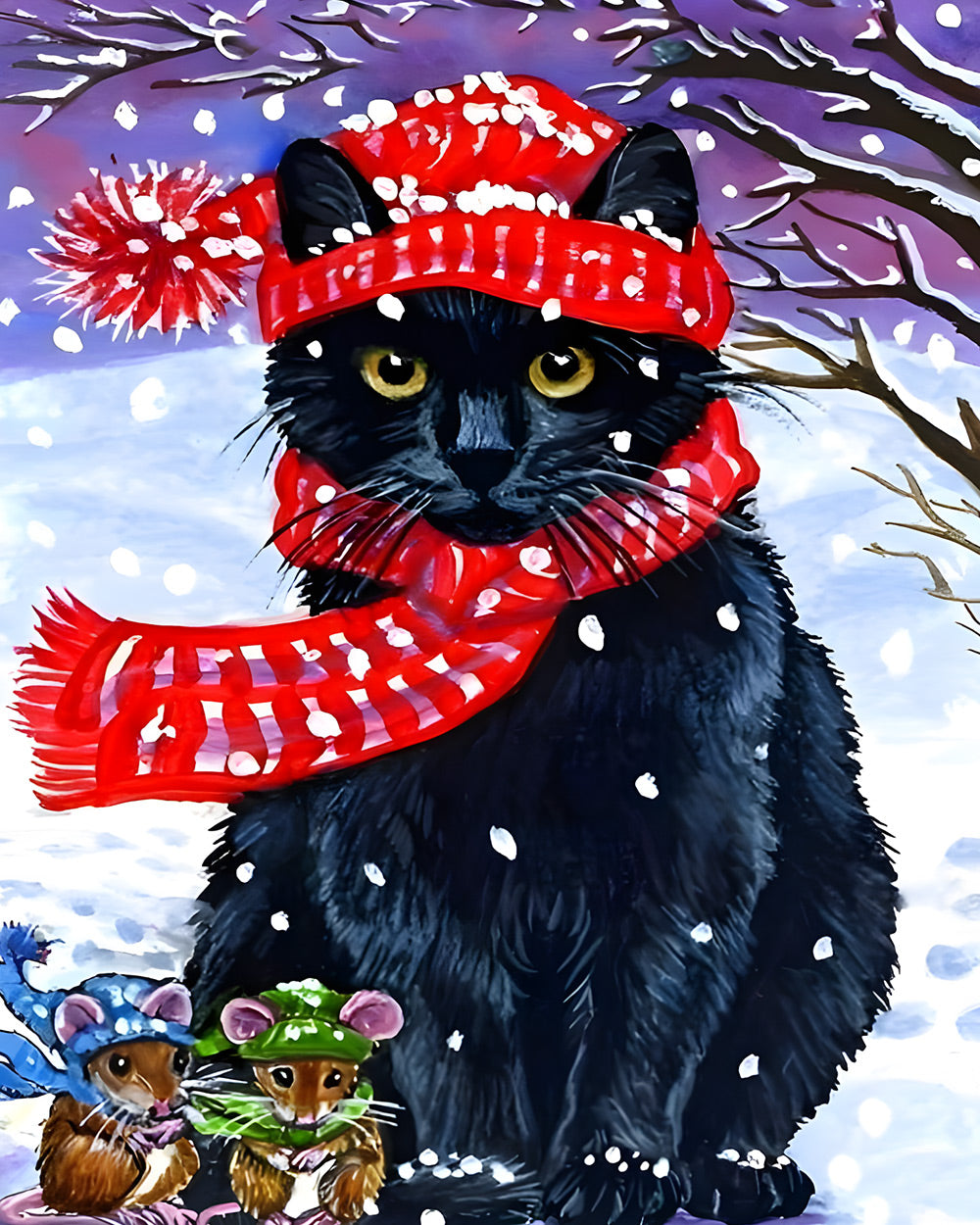 Cosy black cat in red scarf cross stitch kit for beginners