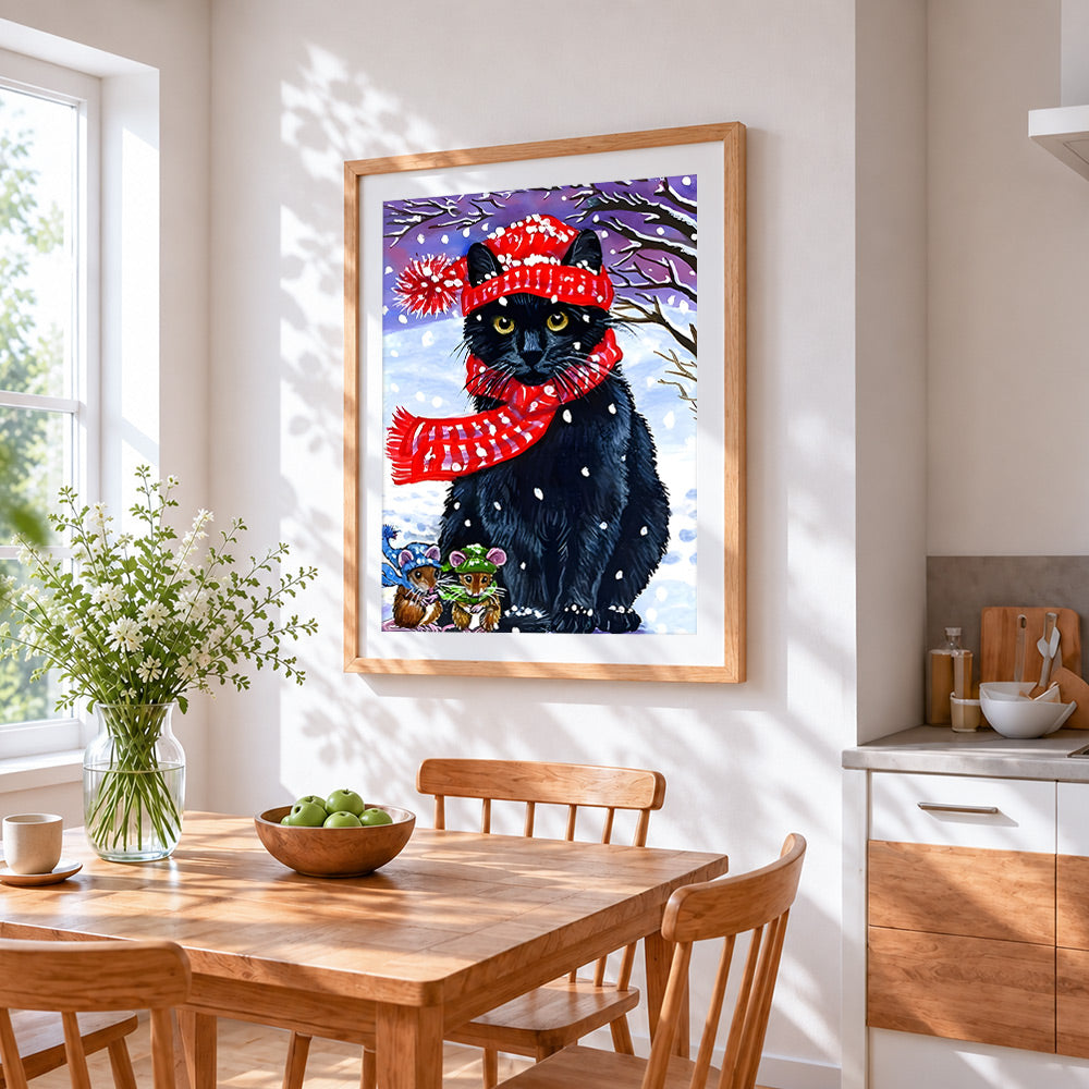 Cosy black cat in red scarf cross stitch artwork displayed on wall as home decor