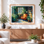 Finished cosy bookroom with orange armchair paint by numbers artwork displayed as home decor