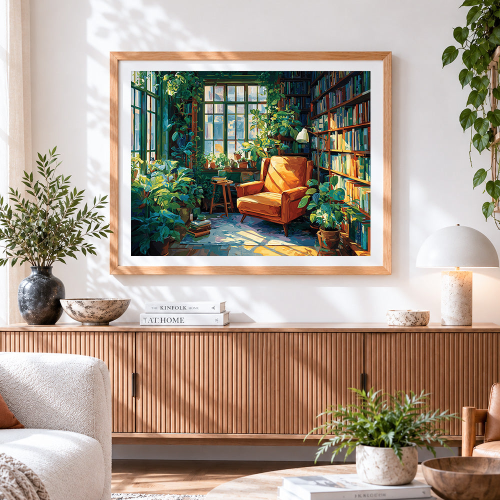 Finished cosy bookroom with orange armchair paint by numbers artwork displayed as home decor