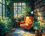 Cosy bookroom with orange armchair paint by numbers kit for beginners