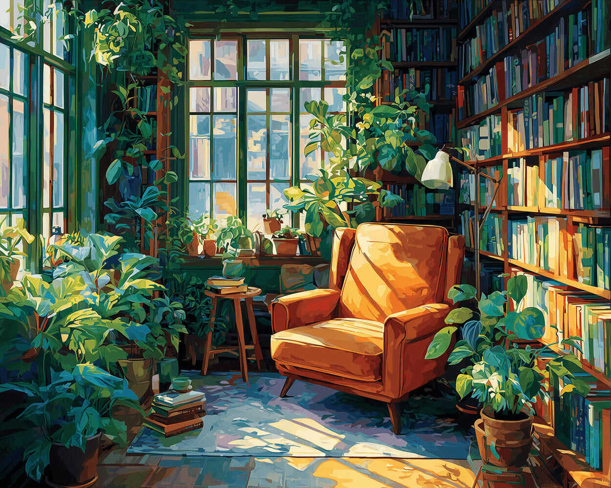 Cosy bookroom with orange armchair paint by numbers kit for beginners