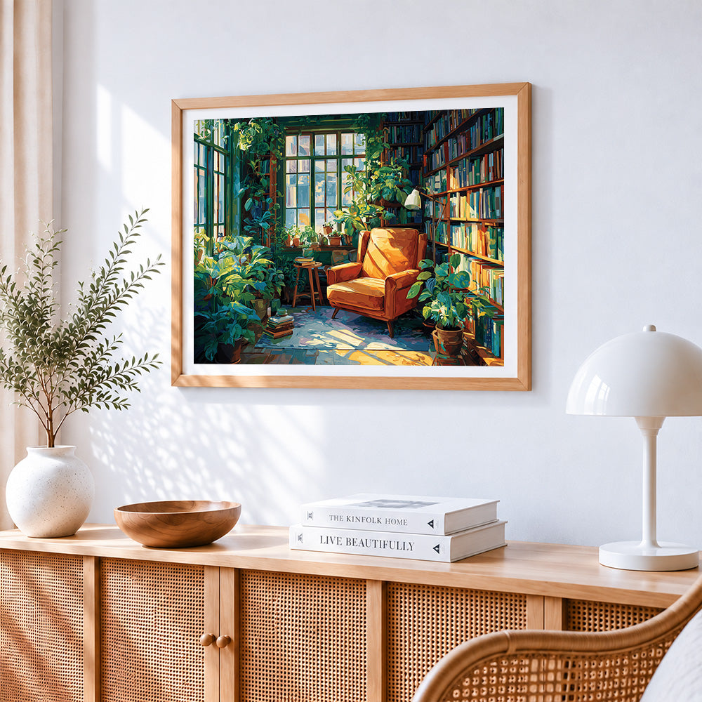 Cosy bookroom with orange armchair paint by numbers artwork displayed on wall as home decor