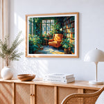 Cosy bookroom with orange armchair paint by numbers artwork displayed on wall as home decor