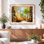 Finished cosy bookroom with orange tree paint by numbers artwork displayed as home decor