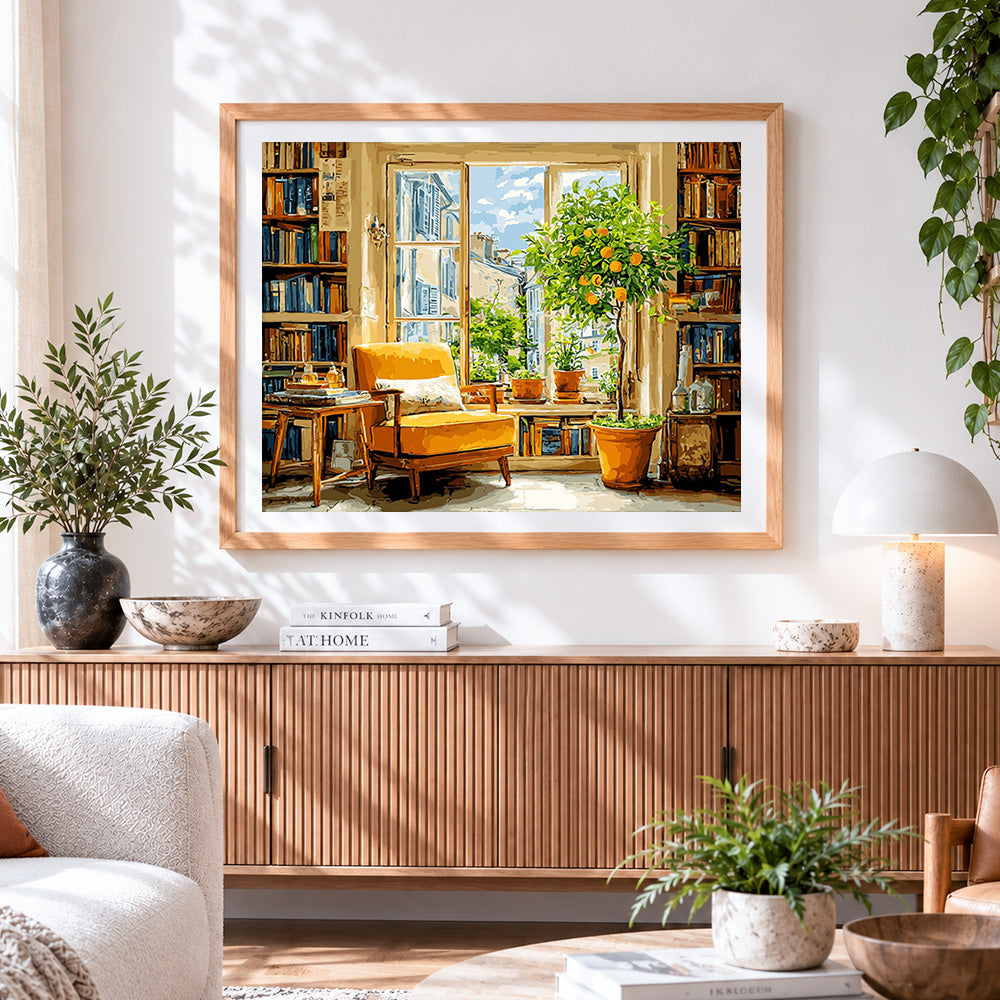Finished cosy bookroom with orange tree paint by numbers artwork displayed as home decor
