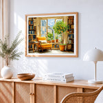 Cosy bookroom with orange tree paint by numbers artwork displayed on wall as home decor