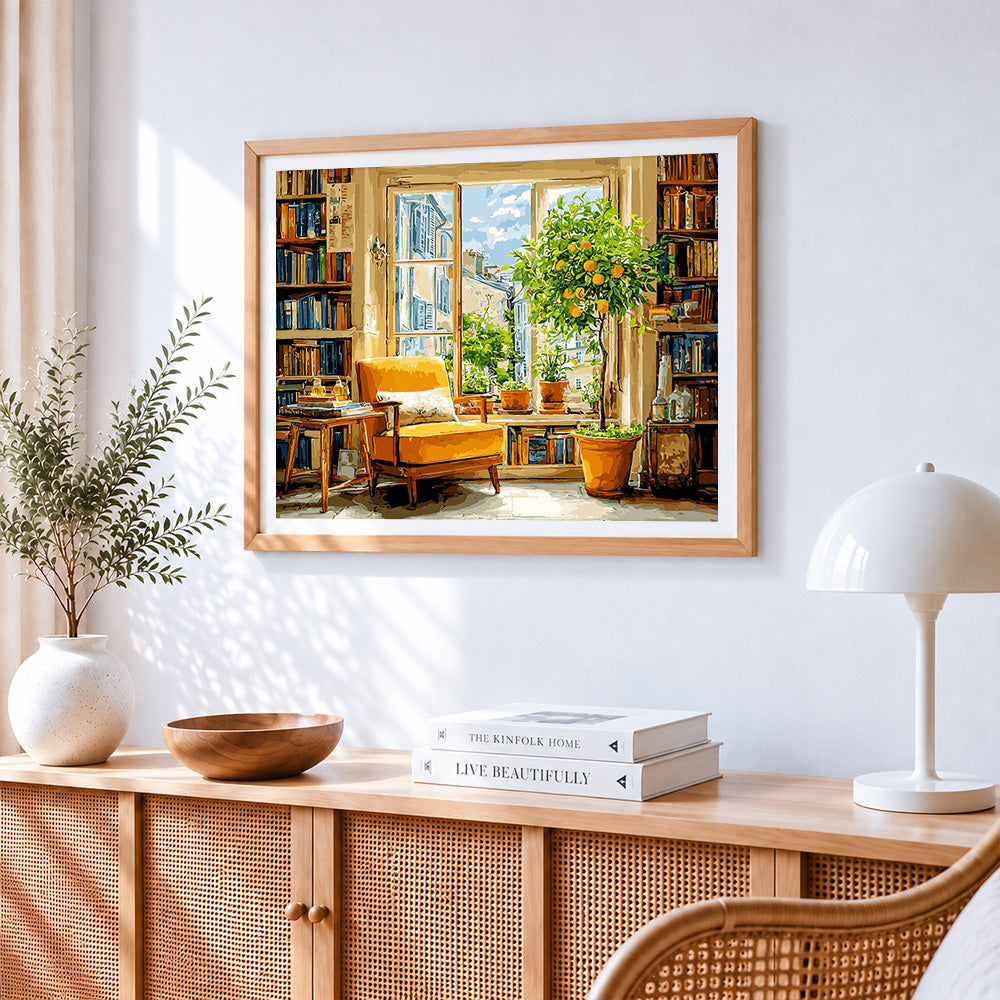 Cosy bookroom with orange tree paint by numbers artwork displayed on wall as home decor