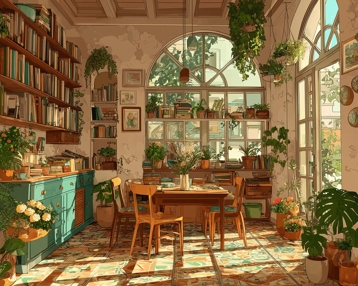 Cosy bookshelf and plants cross stitch kit for beginners