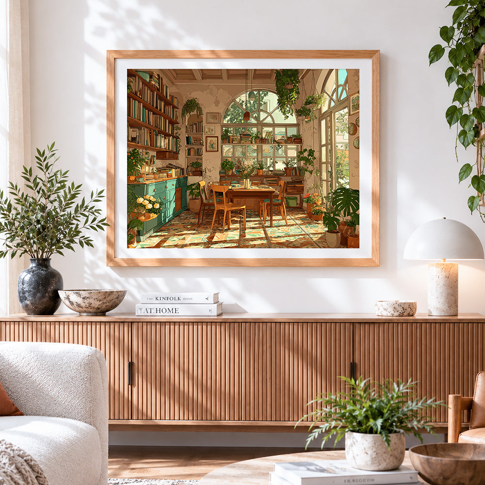 Finished cosy bookshelf and plants paint by numbers artwork displayed as home decor