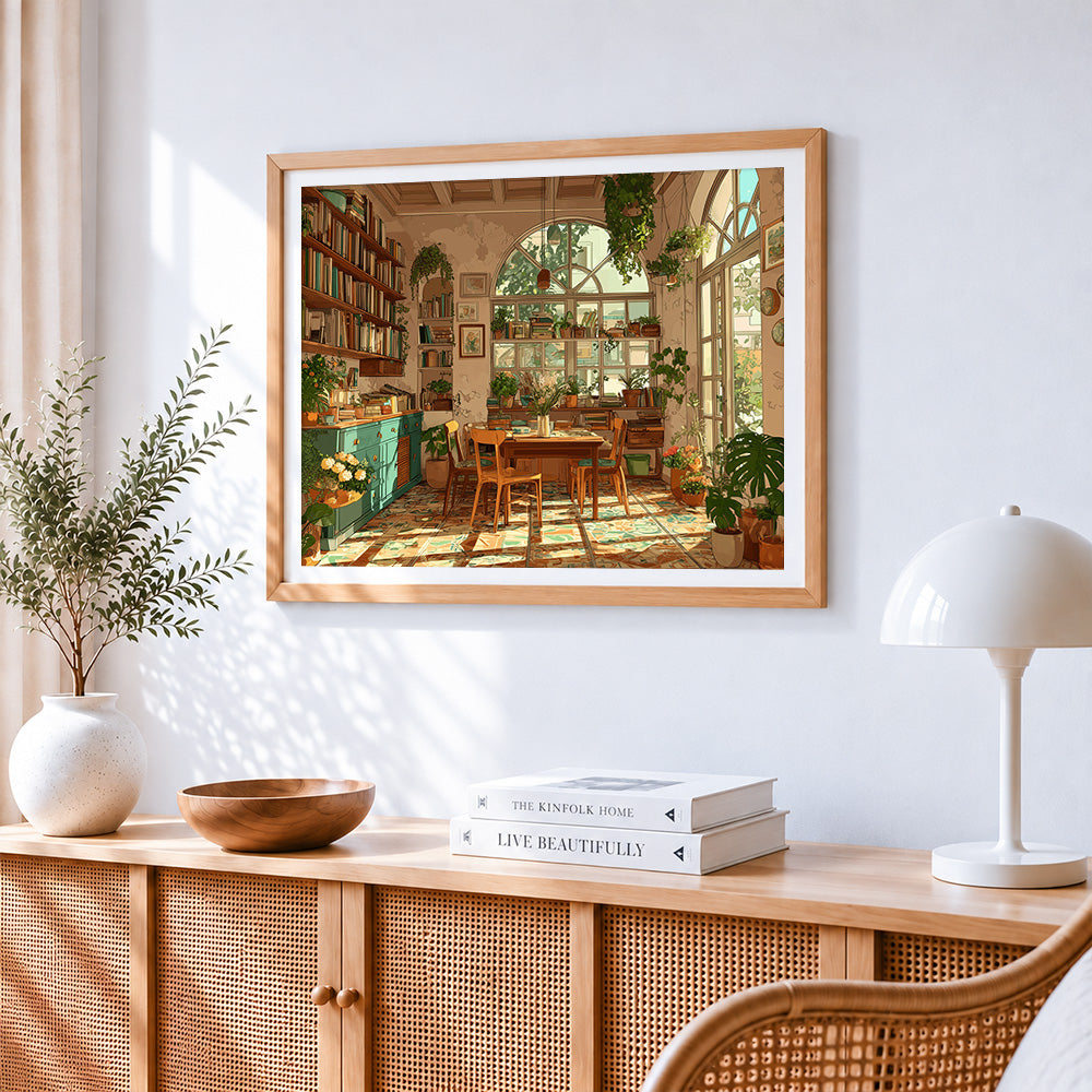 Cosy bookshelf and plants paint by numbers artwork displayed on wall as home decor