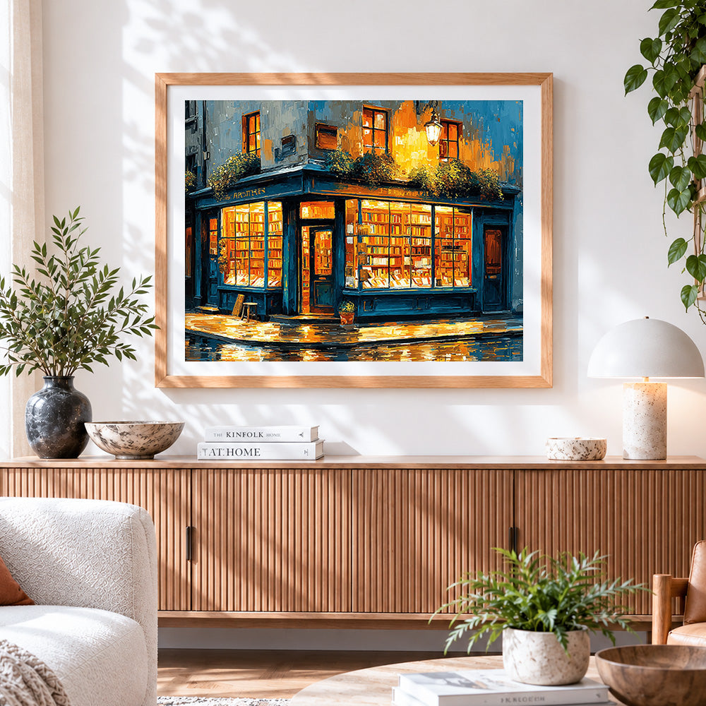 Finished cosy bookshop at night paint by numbers artwork displayed as home decor