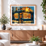 Finished cosy bookshop at night paint by numbers artwork displayed as home decor