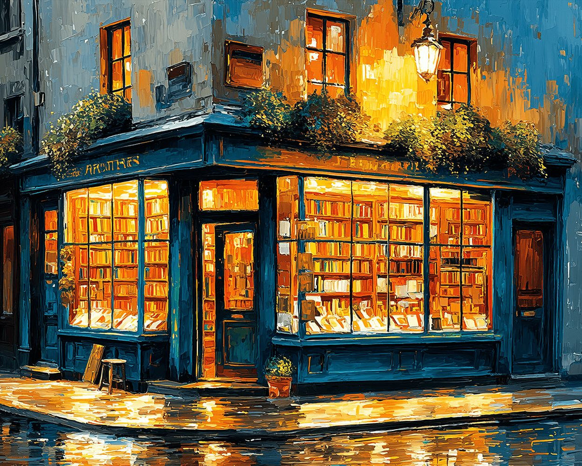 Cosy bookshop at night paint by numbers kit for beginners