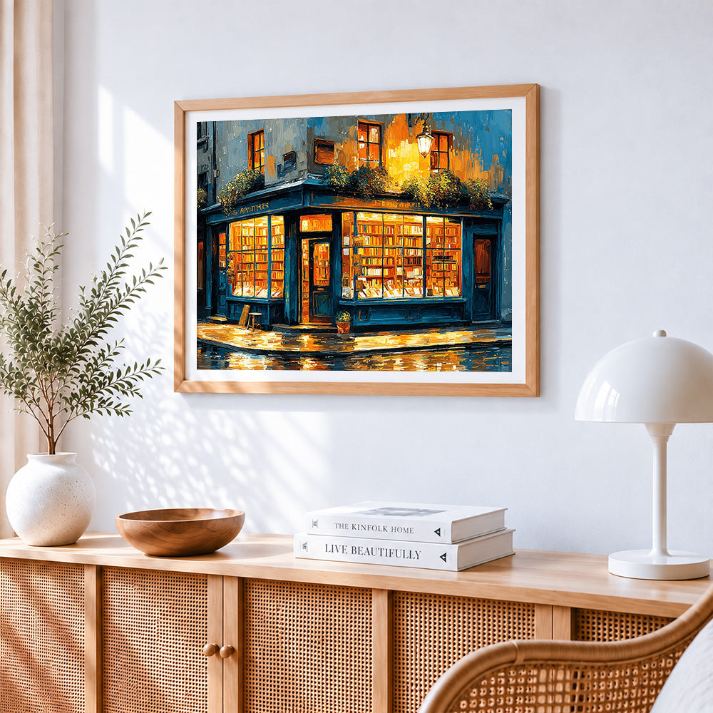 Cosy bookshop at night paint by numbers artwork displayed on wall as home decor
