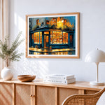Cosy bookshop at night paint by numbers artwork displayed on wall as home decor