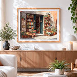 Finished cosy bookstore with flowers paint by numbers artwork displayed as home decor