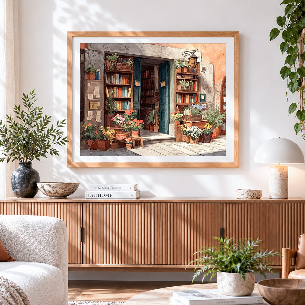 Finished cosy bookstore with flowers paint by numbers artwork displayed as home decor