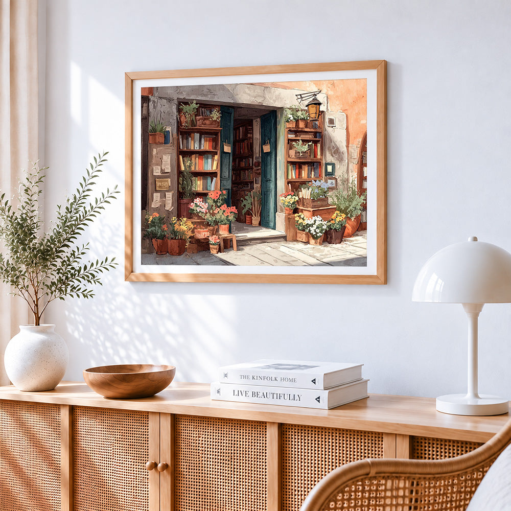 Cosy bookstore with flowers paint by numbers artwork displayed on wall as home decor