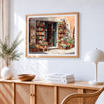 Cosy bookstore with flowers paint by numbers artwork displayed on wall as home decor