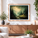 Finished cosy cabin in misty forest paint by numbers artwork displayed as home decor