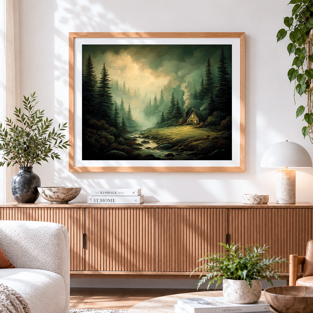 Finished cosy cabin in misty forest paint by numbers artwork displayed as home decor