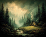 Cosy cabin in misty forest paint by numbers kit for beginners