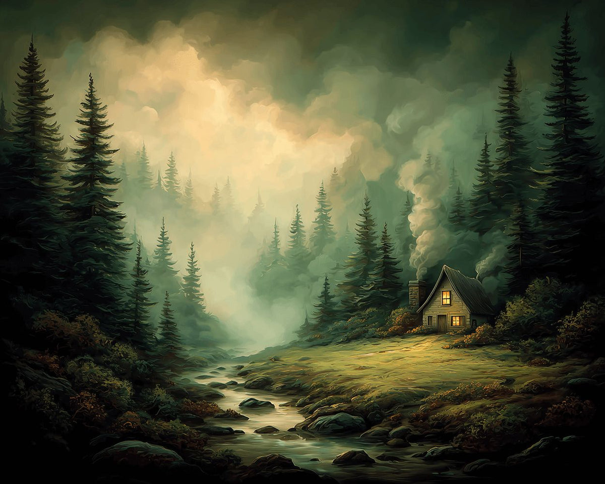 Cosy cabin in misty forest paint by numbers kit for beginners