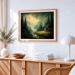 Cosy cabin in misty forest paint by numbers artwork displayed on wall as home decor