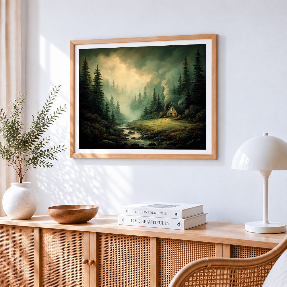 Cosy cabin in misty forest paint by numbers artwork displayed on wall as home decor
