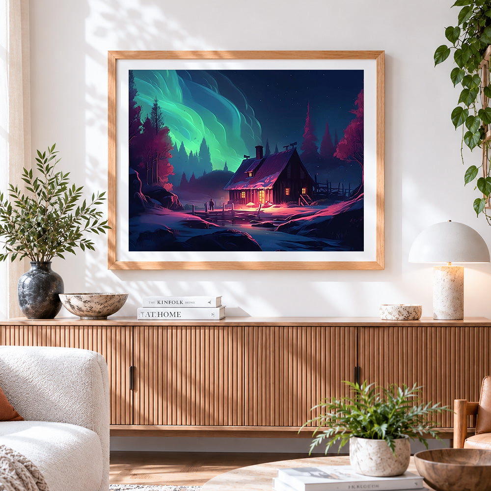 Finished cosy cabin under aurora paint by numbers artwork displayed as home decor
