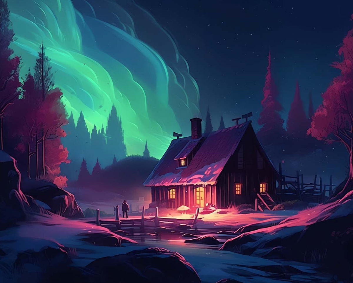 Cosy cabin under aurora paint by numbers kit for beginners