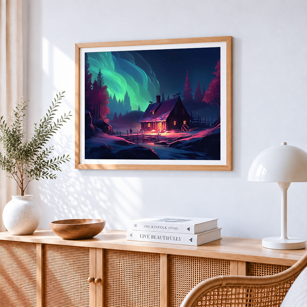 Cosy cabin under aurora paint by numbers artwork displayed on wall as home decor