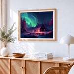 Cosy cabin under aurora paint by numbers artwork displayed on wall as home decor