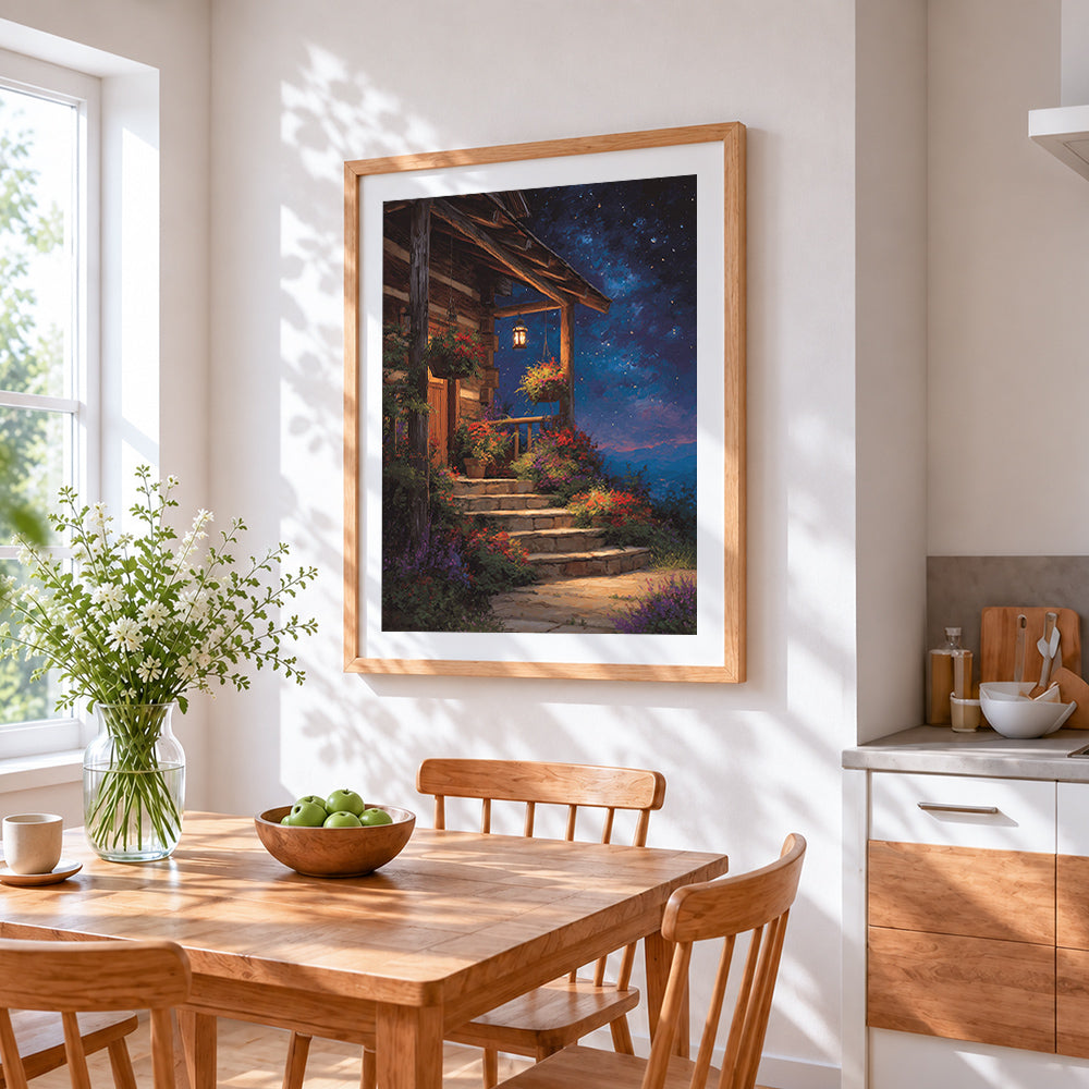 Cosy cabin under starry sky cross stitch artwork displayed on wall as home decor