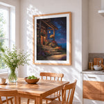 Cosy cabin under starry sky cross stitch artwork displayed on wall as home decor
