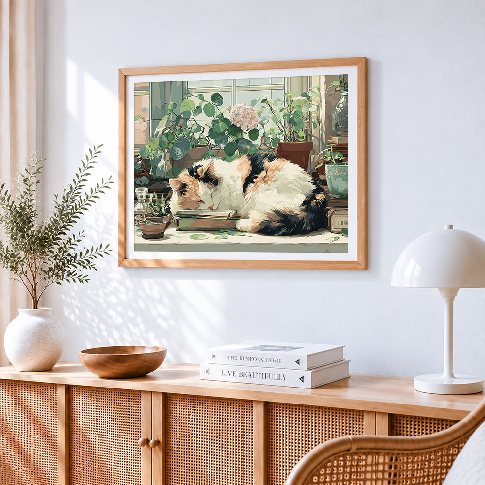 Cosy calico cat sleeping on books cross stitch artwork displayed on wall as home decor