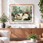 Finished cosy calico cat sleeping on books paint by numbers artwork displayed as home decor