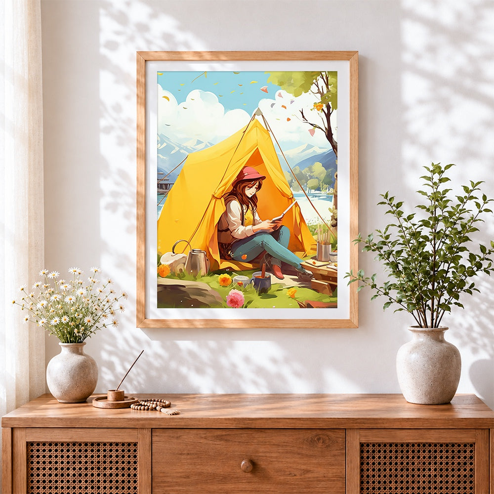 Finished cosy camping escape cross stitch artwork displayed