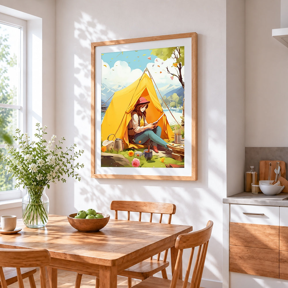 Cosy camping escape cross stitch artwork displayed on wall as home decor