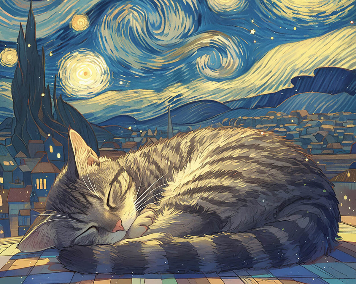 Cosy cat sleeping under a starry night cross stitch kit for beginners