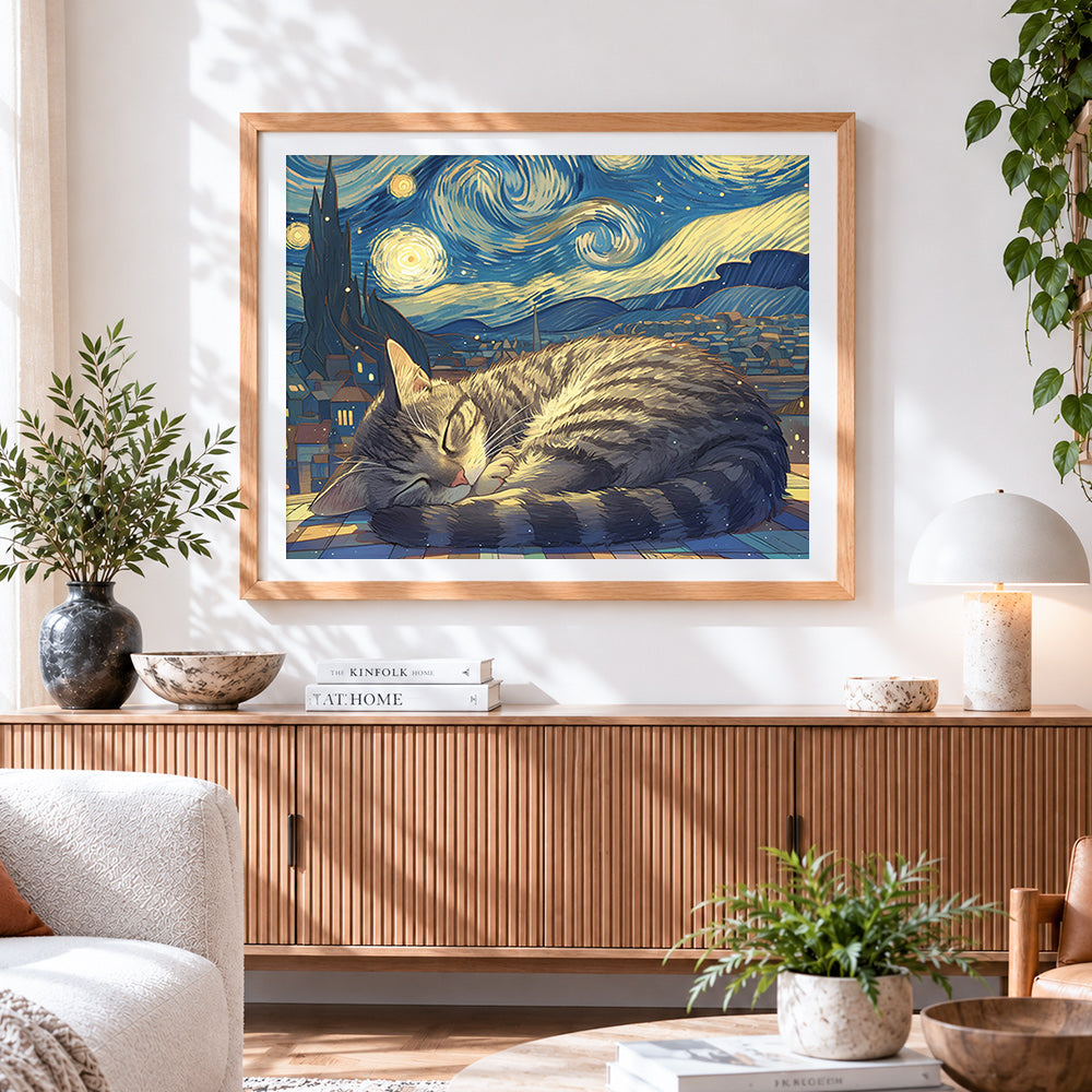 Finished cosy cat sleeping under a starry night paint by numbers artwork displayed as home decor